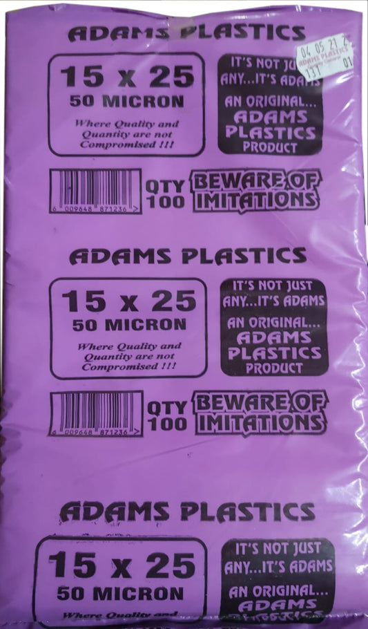Adams Clear Plastic Bag 15 x  25 x  50 Micron (100 per pack 500 per bale)